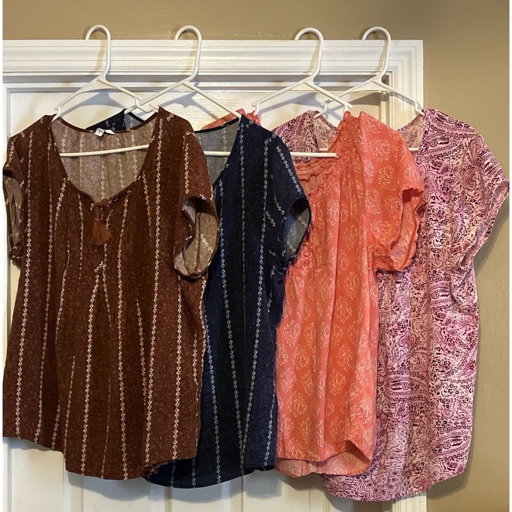 Lot of 4 Women's Peasant Tops, Size XL Tops for Women Brown, Blue, Peach, Pink